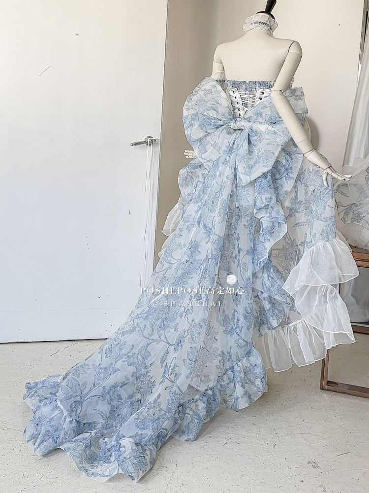 White and Blue Strapless Lace-up Flounce Hem Dress High-low Skirt