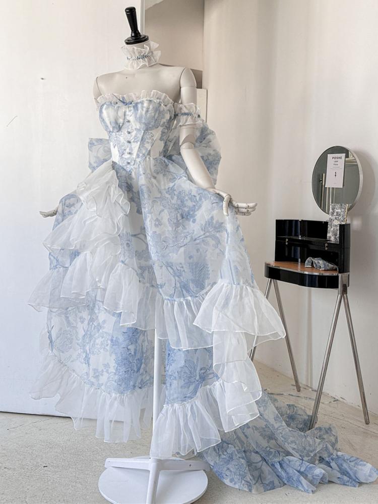 White and Blue Strapless Lace-up Flounce Hem Dress High-low Skirt