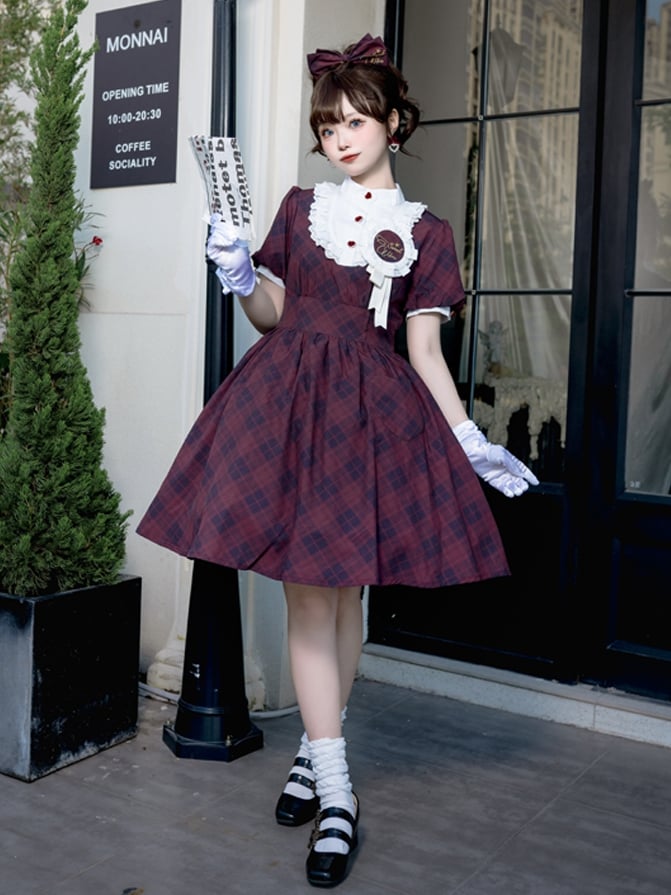 Wine Red Plaid Pattern Dress Puff Sleeves One Piece