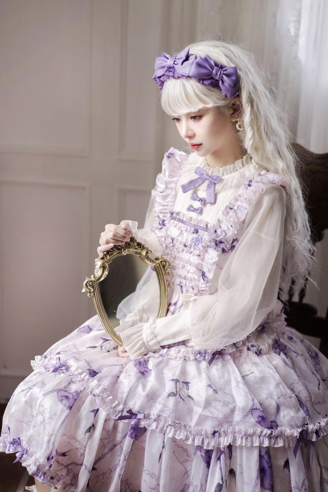 White and Purple Fake Two-pieces Design Floral Print Ruffle Bodice Long Sleeves Lolita OP