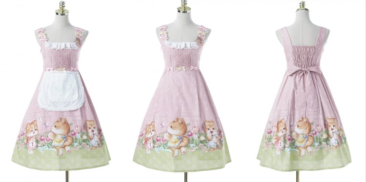 Pink Cat Print Lace Trim Bowknot Details Jumper Skirt