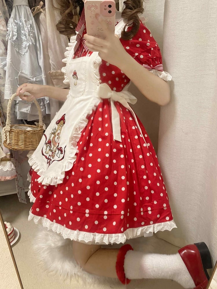 Picking Mushroom White and Red Polka-dot Pattern Short Sleeves One Piece