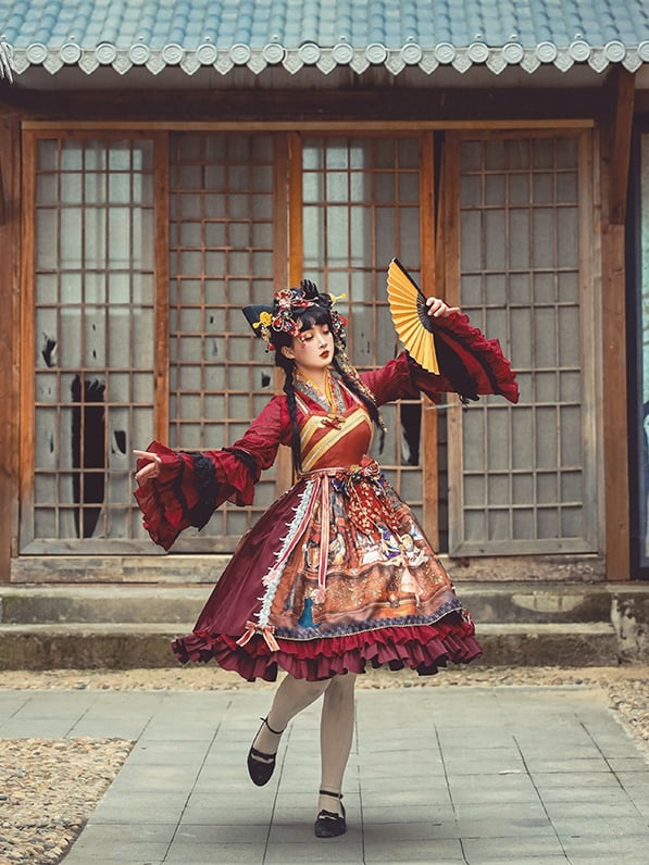 In Stock Fantasy Night Story Japanese Style Print Flounce Hem High Waist Wa Lolita JSK