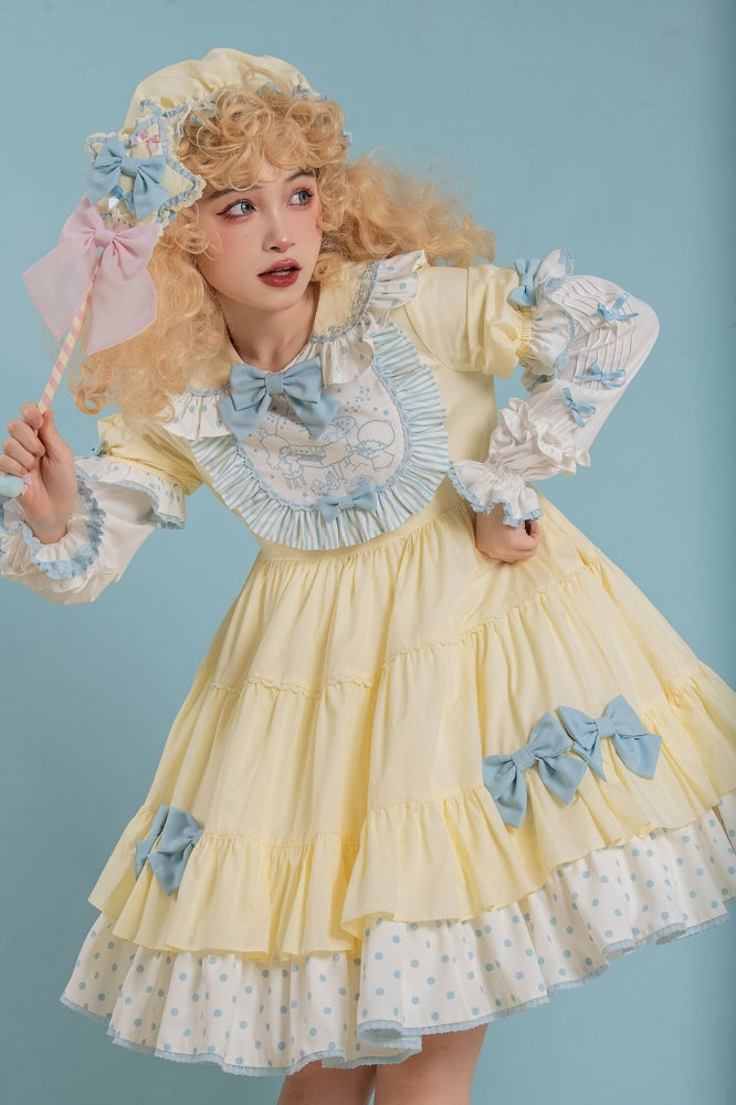 Little Twin Stars Bowknot Details Ruffle Trim Short Sleeves One Piece Color Yellow