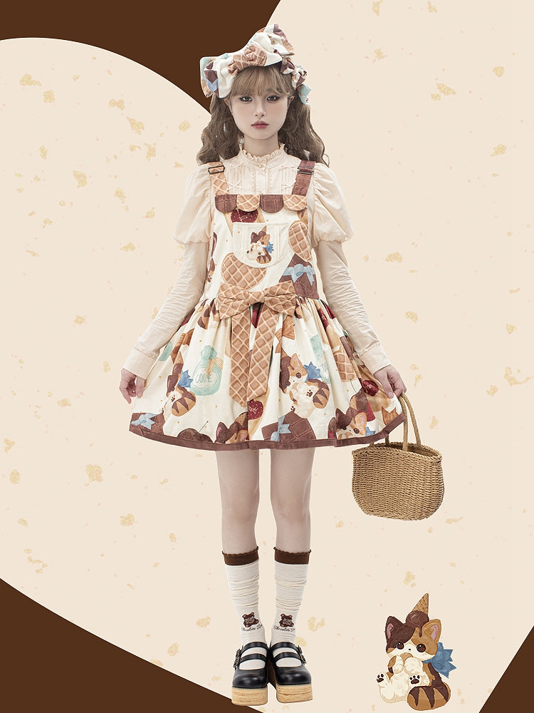 Muffin Kitten Series Dessert and Cat Print Sweet Overall Dress
