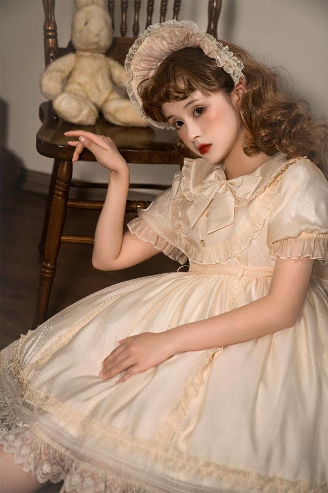 Warm Breeze Into String Peter Pan Collar High Waist Short Sleeves Lolita OP