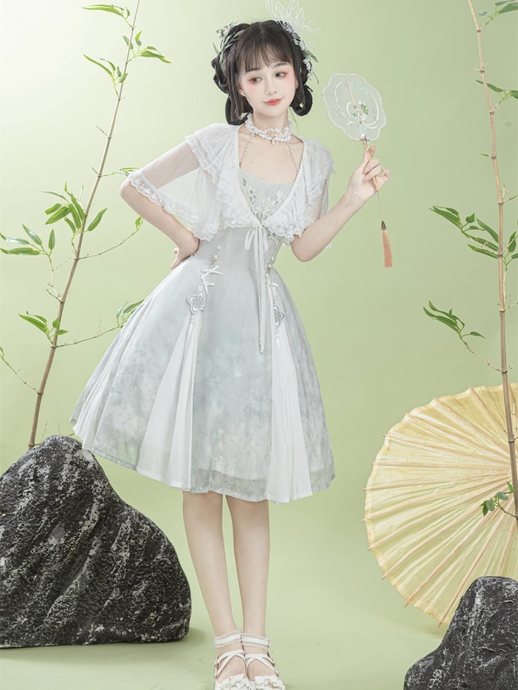 Lotus Embroidery Light Green Bead Details Dress + Shawl Set