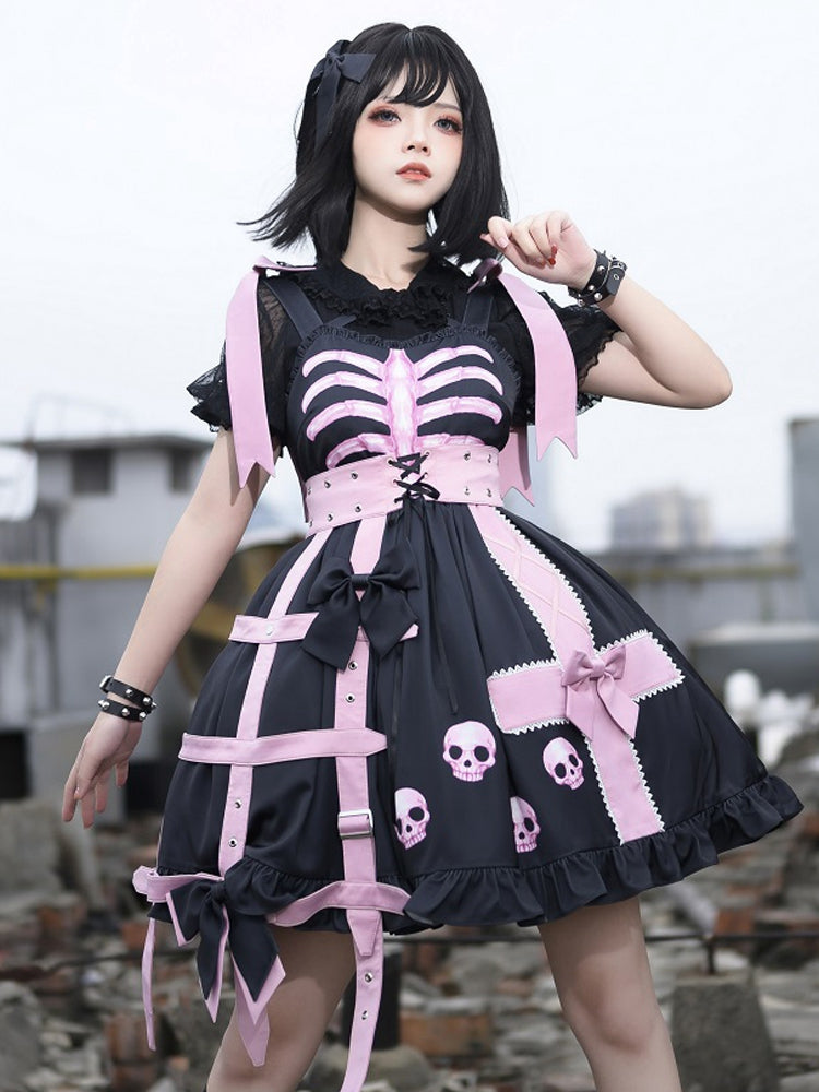 In Stock Dark Birdcage Skull Print Bowknot High Waist Lolita JSK