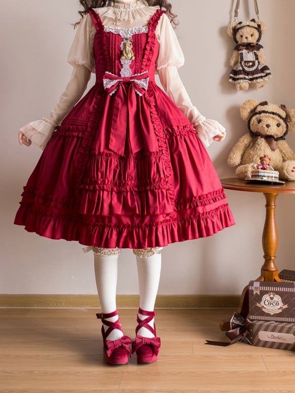 Doll Story Bowknot Details Natural Waist Ruffle Hem Jumper Skirt