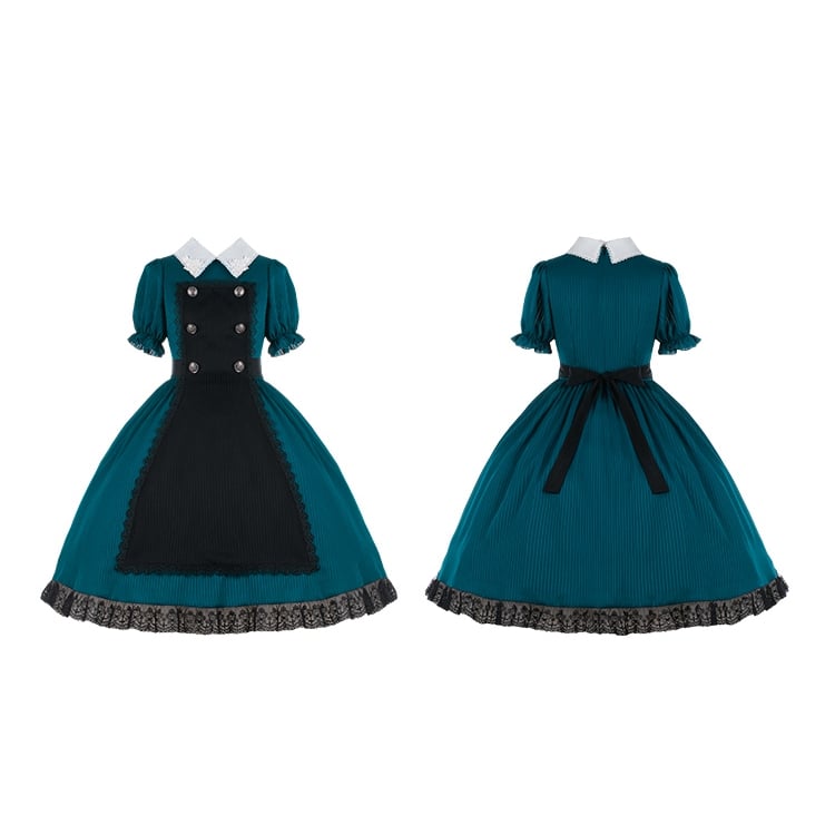 White Rose Applique Collar Peacock Blue Puff Sleeves One Piece