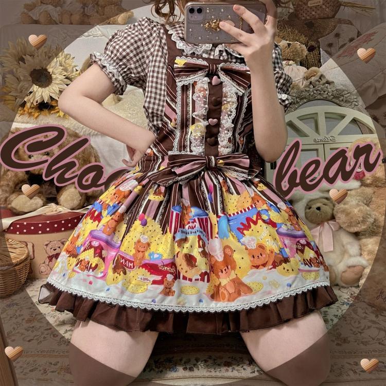 Little Bear and Pot Built-in Petticoat Bear and Biscuit Print Overalls