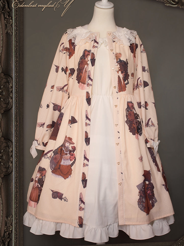 In Stock My Lady Print Bowknot Peter Pan Collar Apricot Long Sleeves One Piece