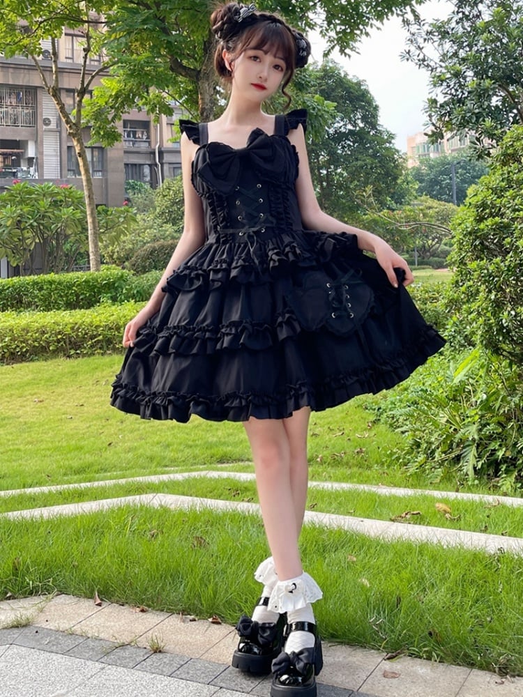 7 Color Options Lace-up Detail Sweetheart Neckline Ruffle Trim Hem Jumper Skirt