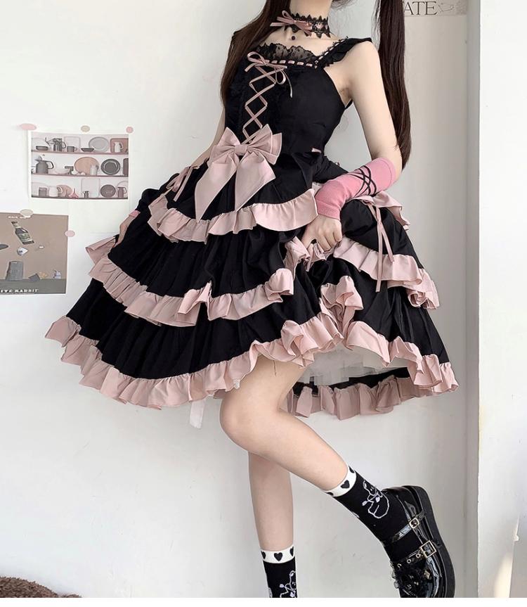 Lace-Up Detail Sweet Jumper Skirt Tiered Skirt Dress/Full Set Long Version