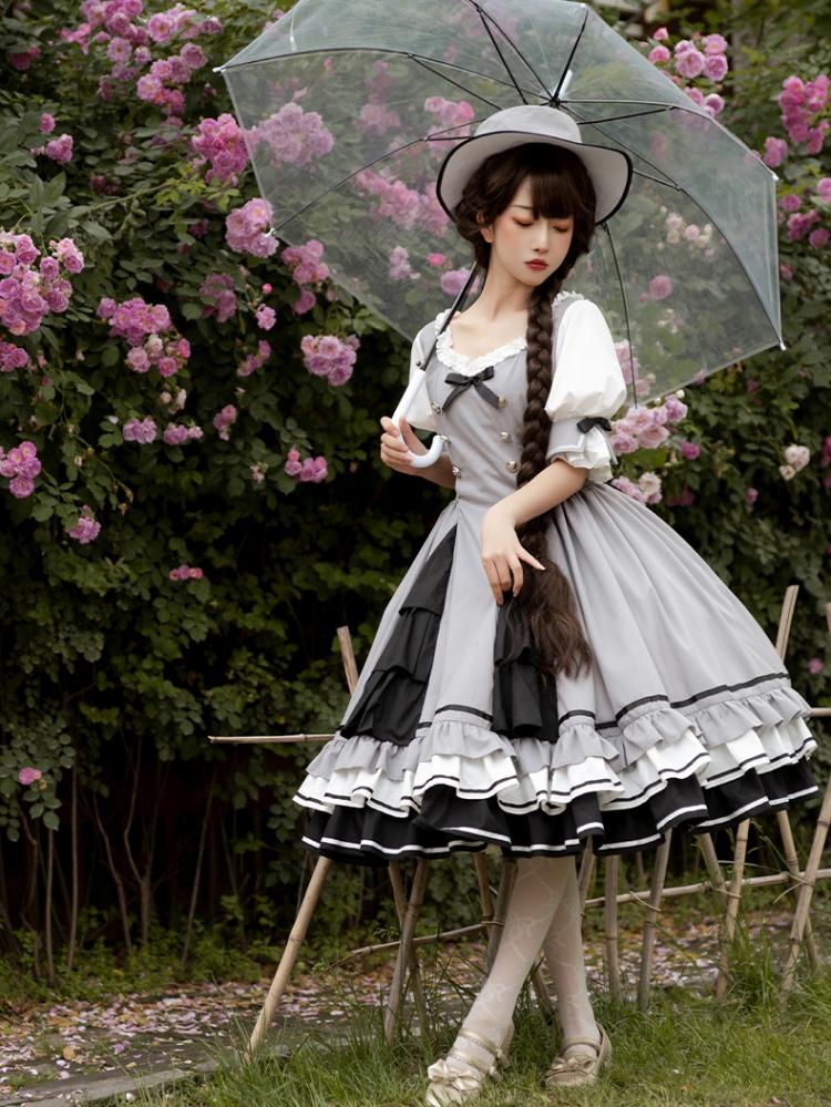 In Stock Black White Gray Tiered Ruffle Hemline Short Sleeves Lolita OP