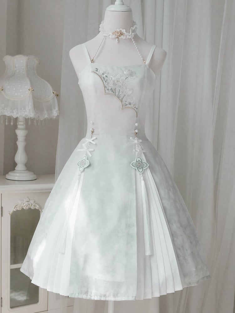 Lotus Embroidery Light Green Bead Details Dress + Shawl Set