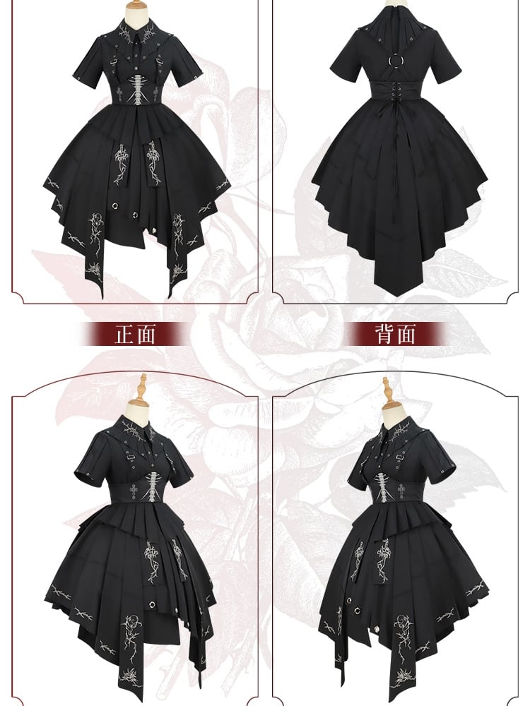 Thorns of Fog Color Black Cross and Thorns Embroidery Military Lolita OP