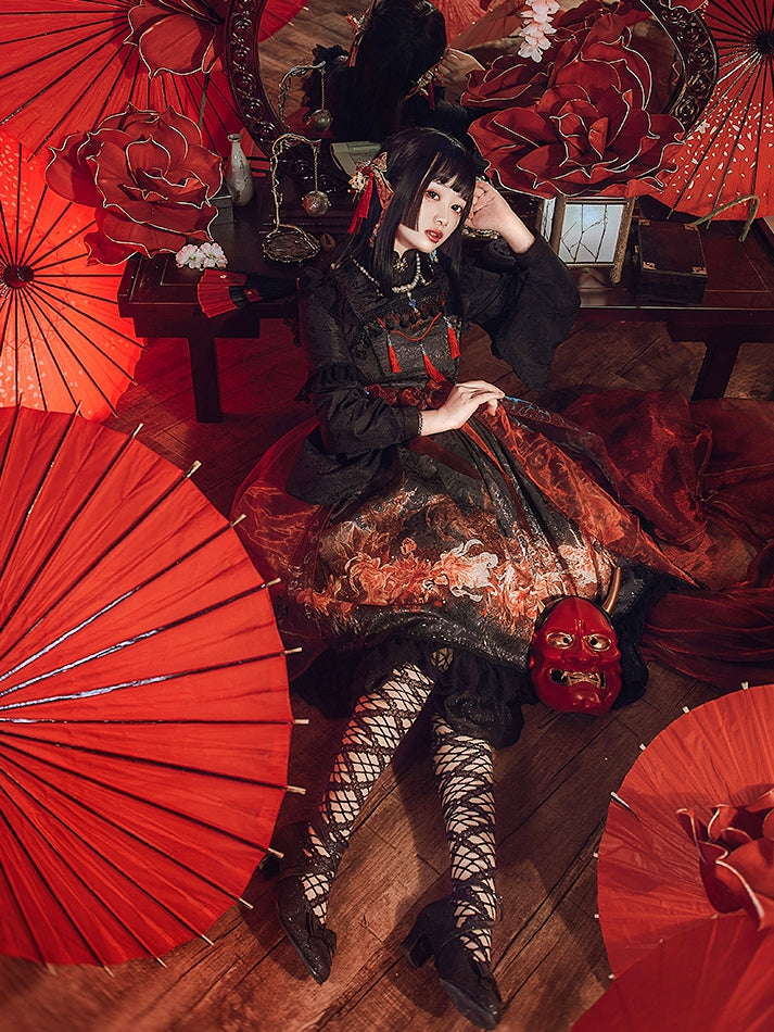 In Stock Lotus Bloom Fish Print Flounce Hemline Chinoiserie Style Jumper Skirt
