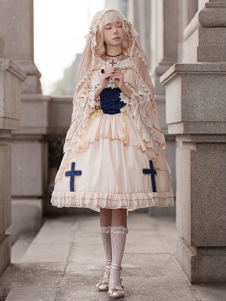 Immortal Song Beige and Dark Blue Ruffle Square Neckline Lace-up Details Jumper Skirt