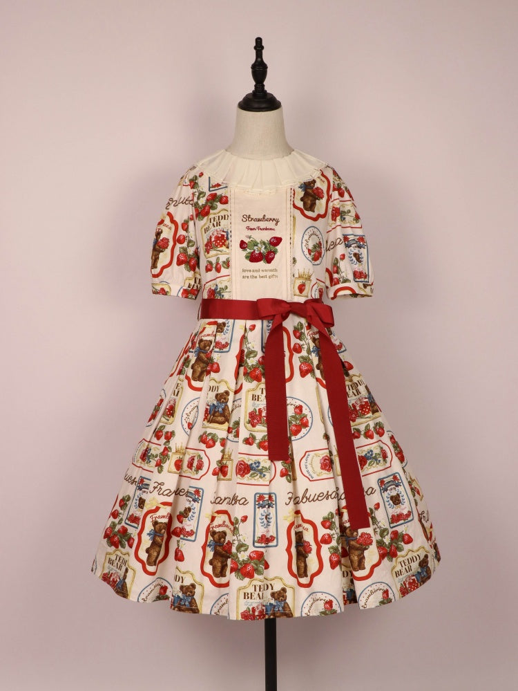 Kano Beige Starwberry Embroidery Bear Print Round Neckline Short Sleeves One Piece