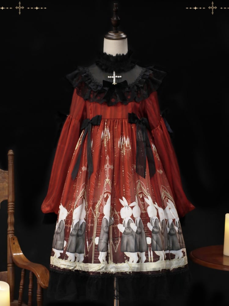 Holy Prayer Color Red Bunny Print Ruffle Round Neck Lace Hemline One Piece