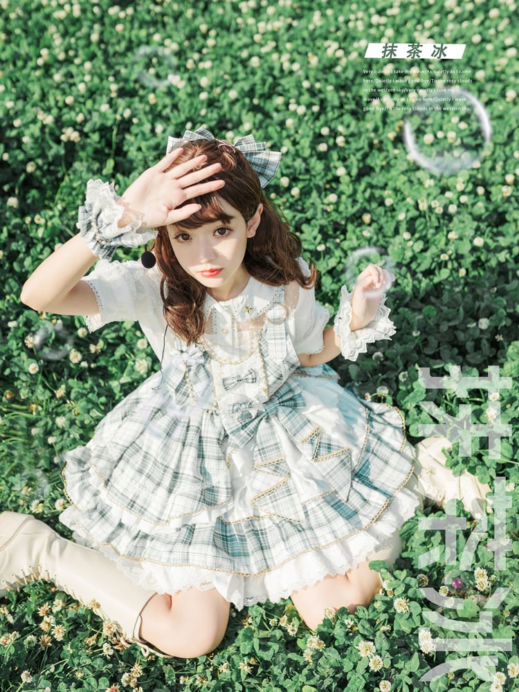 Matcha Ice Bowknot Details Plaid Ruffle Hem Idol Lolita Overall Dress
