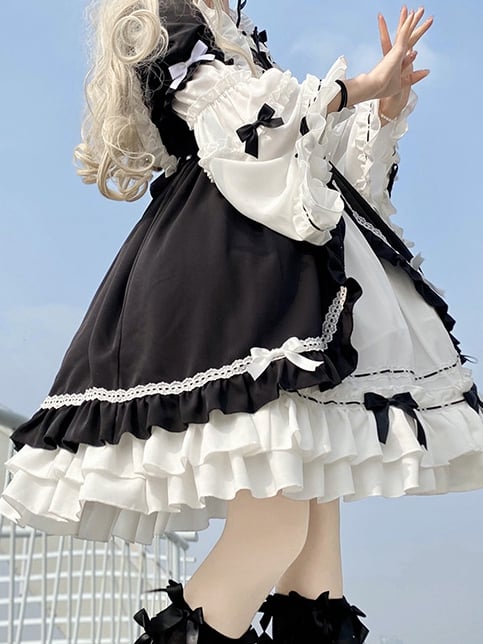 White Night Aurora Black and White Old School One Piece with Removable Bell Sleeves