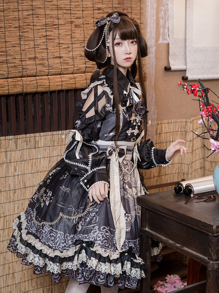 Black Chinoiserie Style Pattern Design Dragon Print Bowknot Details Jumper Skirt