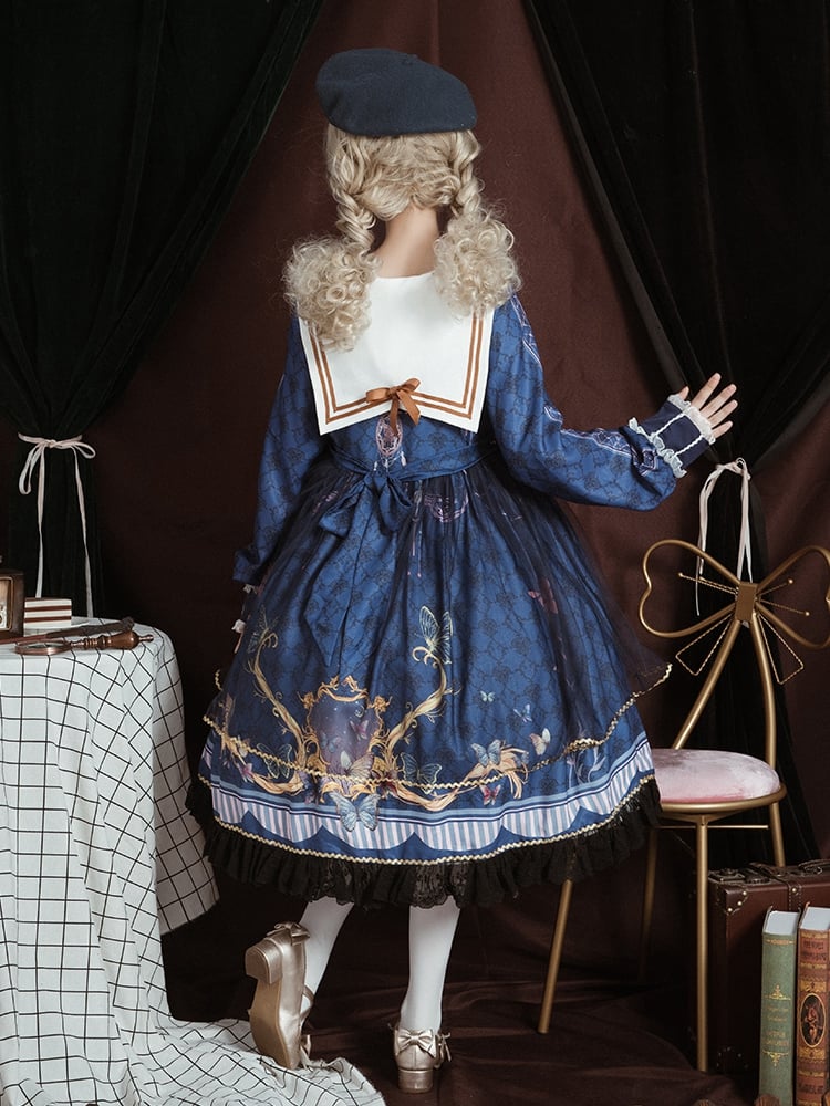 White Butterflies Print High Waist Long Sleeves One Piece