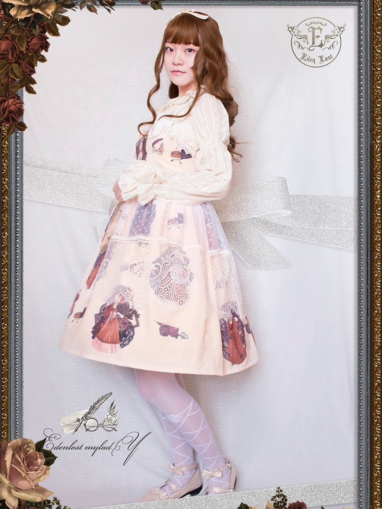 In Stock My Lady Print Light Apricot High Waist Jumper Skirt