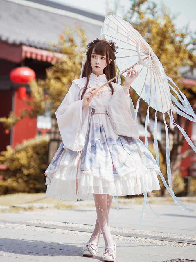 Chinoiserie Mountains-and-waters Painting Print Long Sleeves Lolita OP