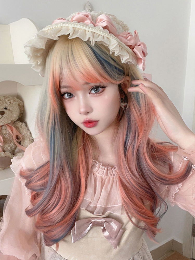 Rainbow Mixed Hair Color Long Synthetic Wavy Wig with Air Bangs