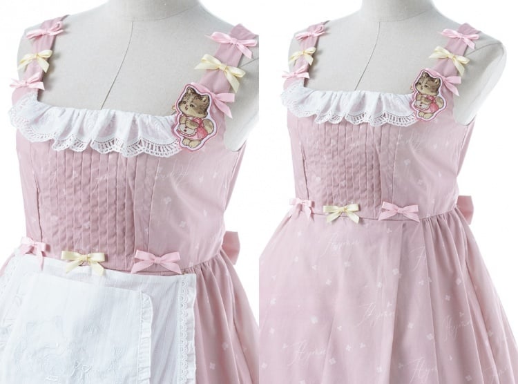 Pink Cat Print Lace Trim Bowknot Details Jumper Skirt