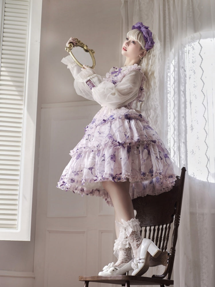 White and Purple Fake Two-pieces Design Floral Print Ruffle Bodice Long Sleeves Lolita OP
