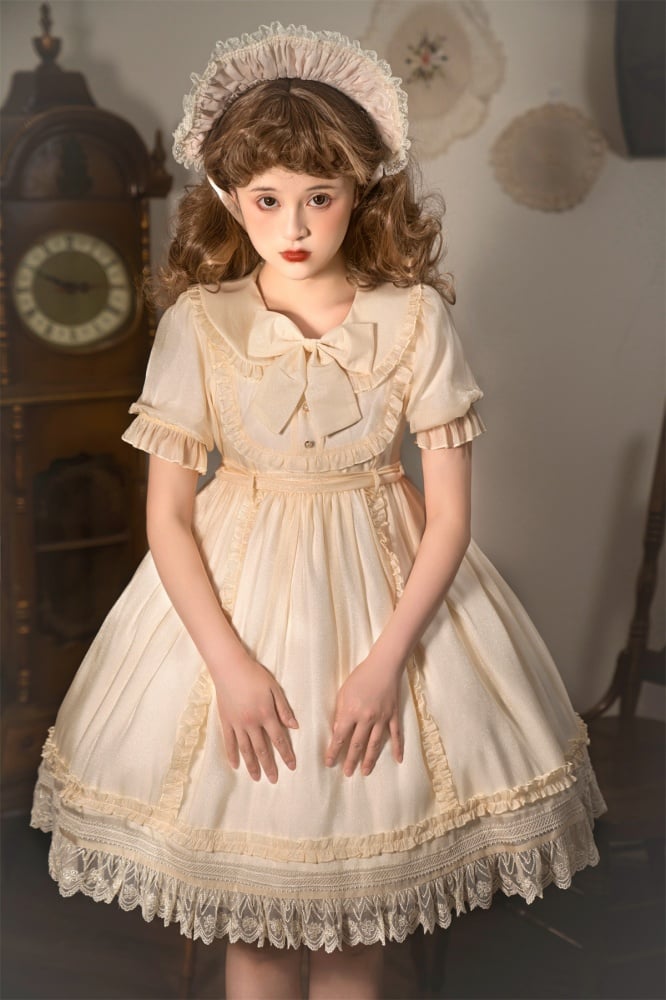 Warm Breeze Into String Peter Pan Collar High Waist Short Sleeves Lolita OP