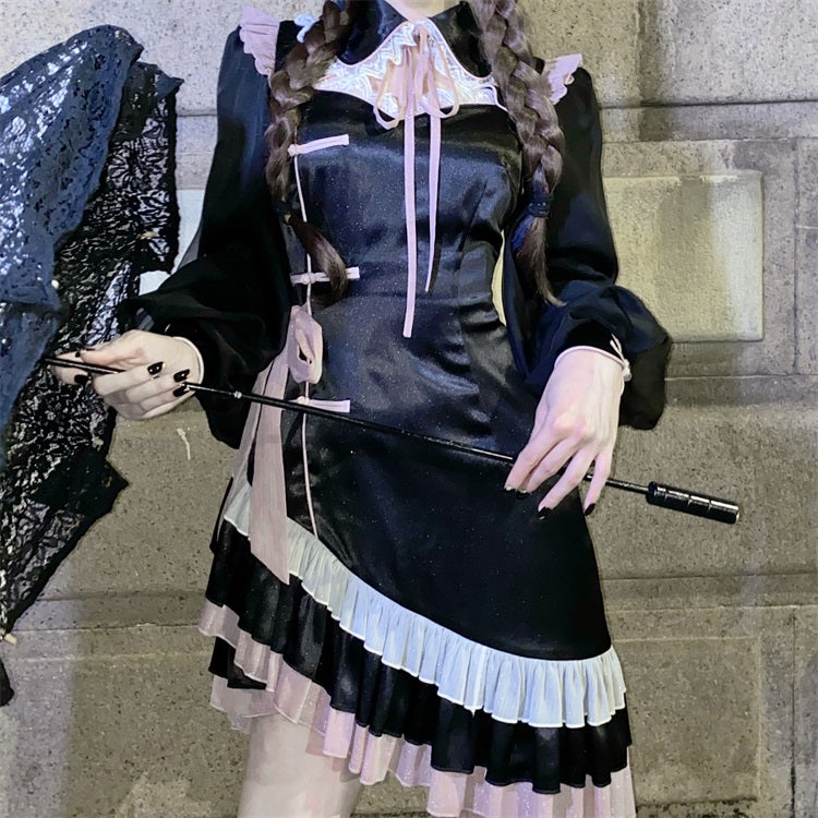 Sixteen Night Rose Qipao Style Turndown Collar Asymmetrical Ruffle Hemline Long Sleeves One Piece