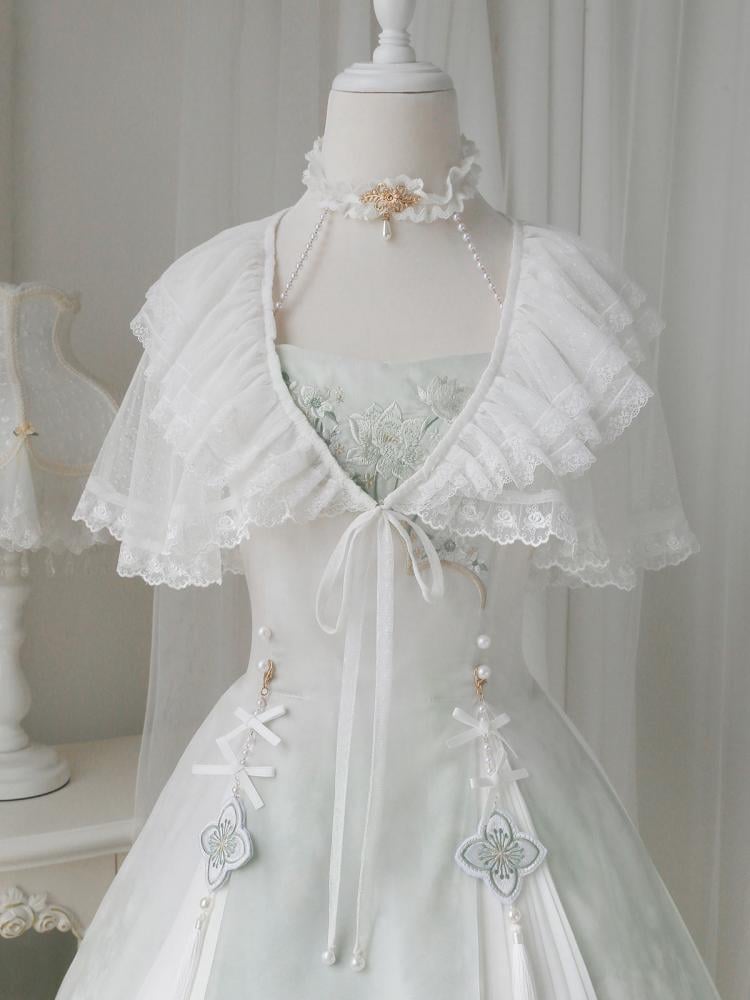 Lotus Embroidery Light Green Bead Details Dress + Shawl Set