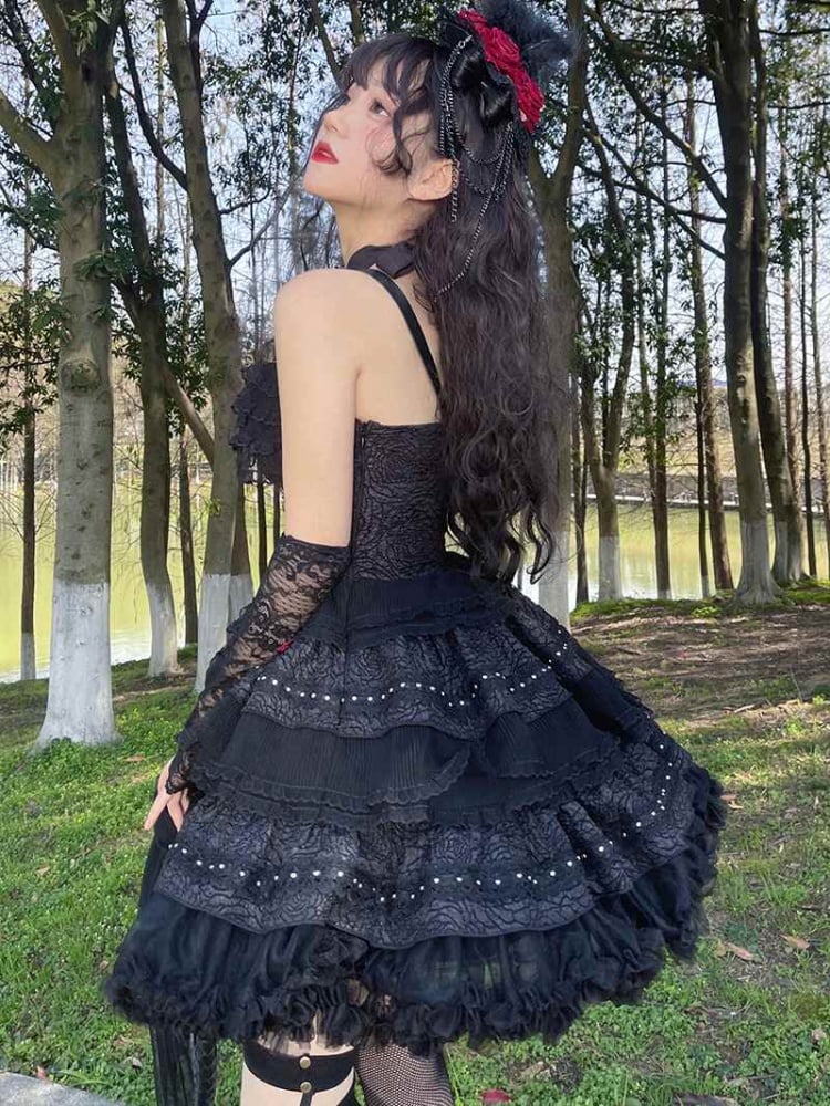 Rose Thorn Color Black Sweetheart Neckline Floral Embroidery Jumper Skirt Short Version