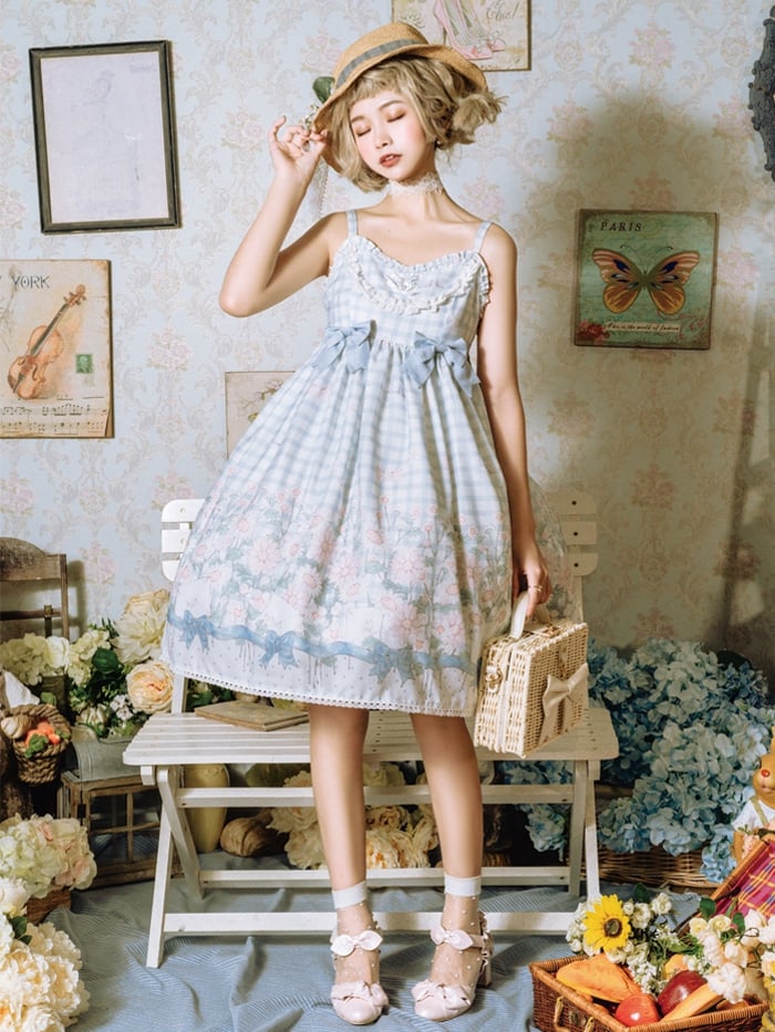 Margaret Floral Print Bowknot Details Gingham Pattern V-neck Jumper Skirt