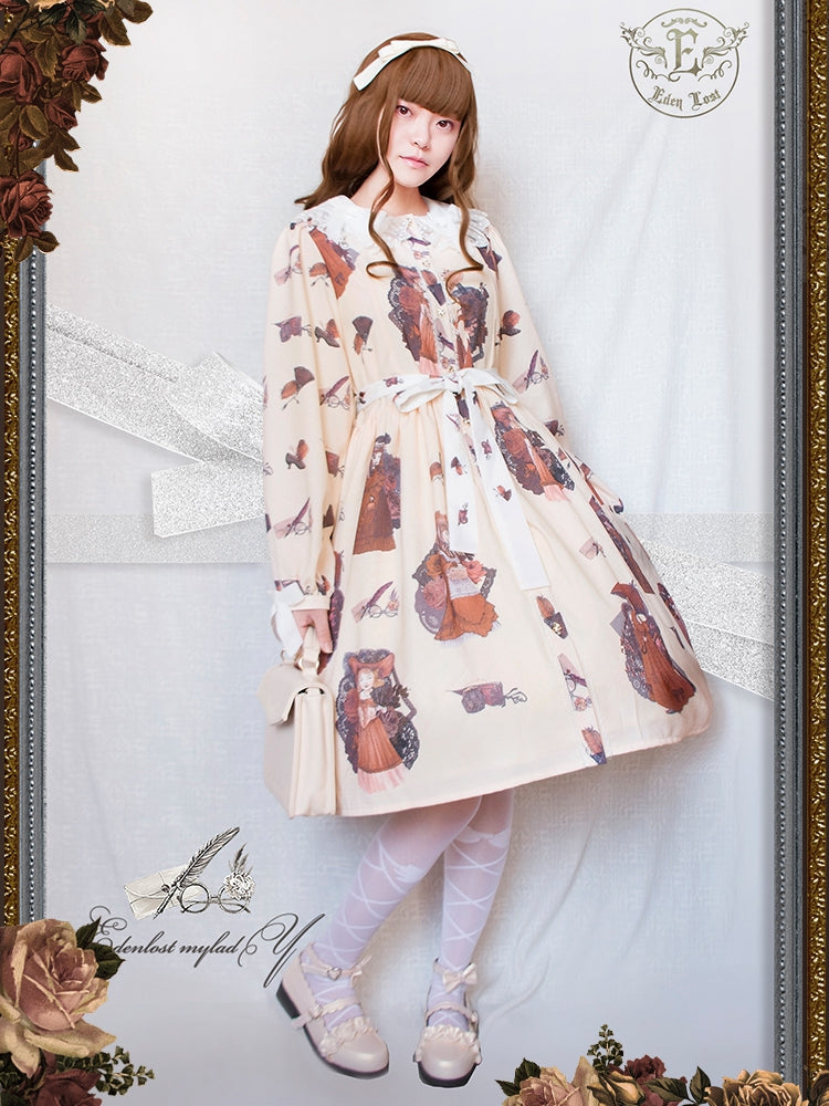 In Stock My Lady Print Bowknot Peter Pan Collar Apricot Long Sleeves One Piece