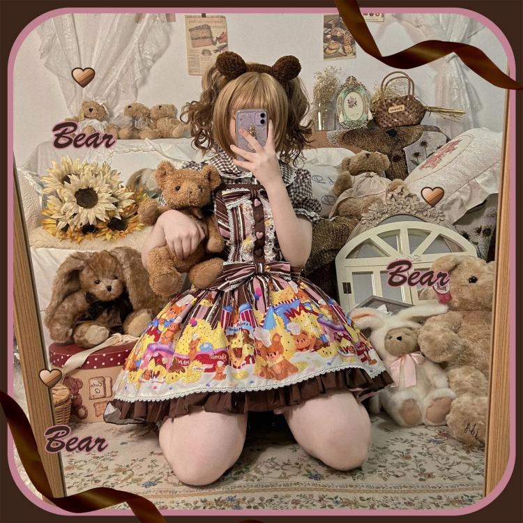 Little Bear and Pot Built-in Petticoat Bear and Biscuit Print Overalls