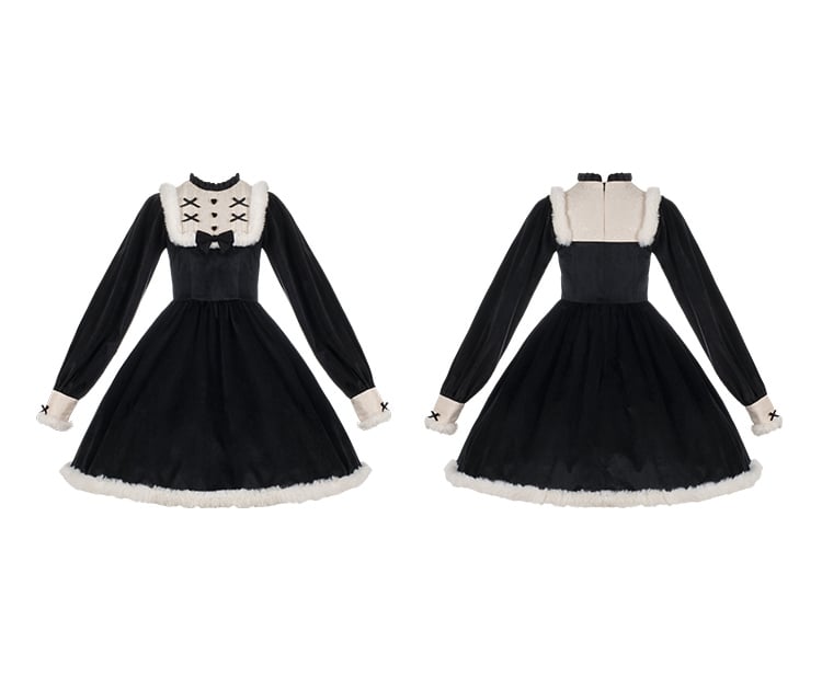 Humanoid Time Color Black Ruffle Round Neckline Plush Hemline Velvet Long Sleeves One Piece