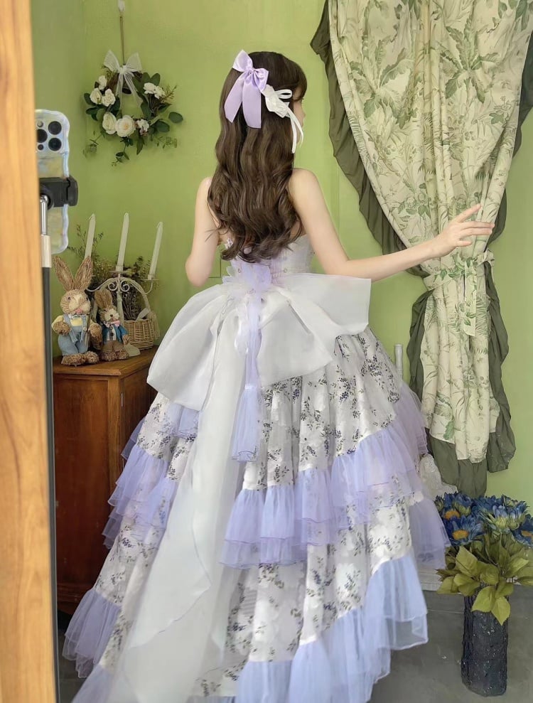 High-low Skirt Floral Print Purple Fariy Dress Jumper Skirt Full Set