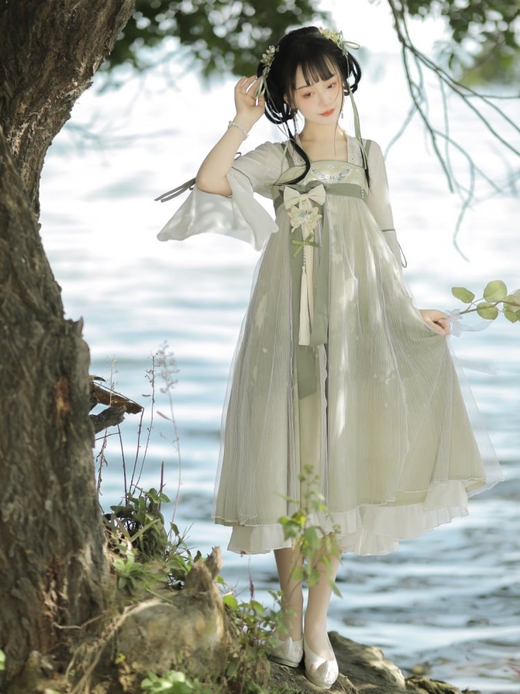 Light Green Floral and Butterfly Embroidery Han Slip Dress