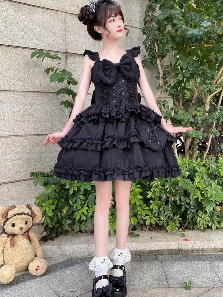 7 Color Options Lace-up Detail Sweetheart Neckline Ruffle Trim Hem Jumper Skirt