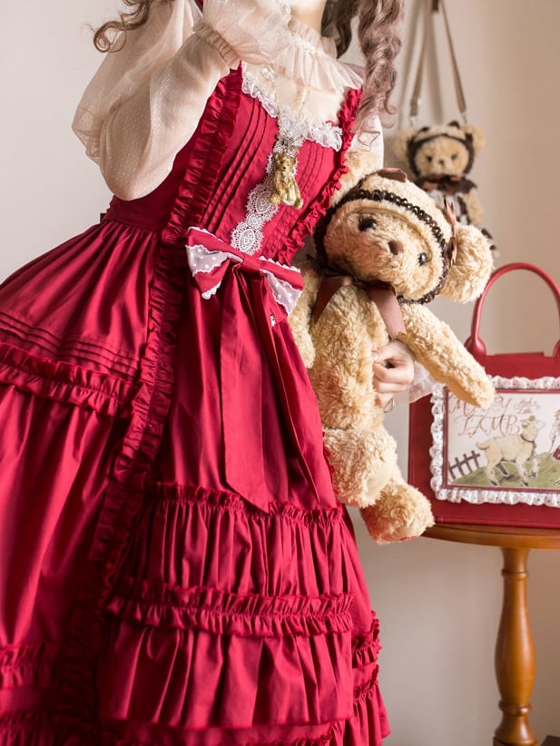 Doll Story Bowknot Details Natural Waist Ruffle Hem Jumper Skirt