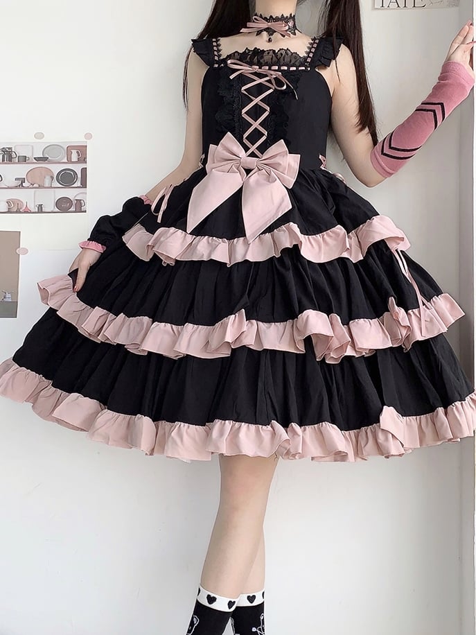 Lace-Up Detail Sweet Jumper Skirt Tiered Skirt Dress/Full Set Long Version