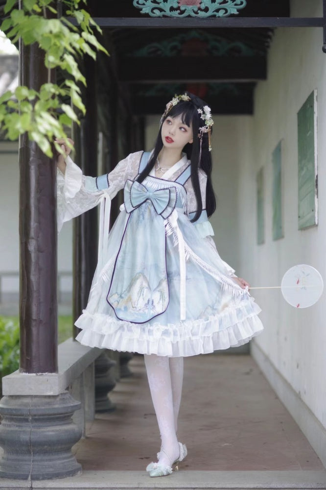 Link Landscape Print Han Lolita Big Bow Jumper Skirt