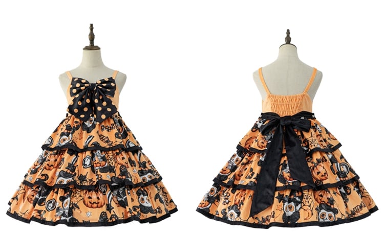 Strawberry Milk Ball Orange Bowknot Detail Strawberry Print Tiered Hem Jumper Skirt