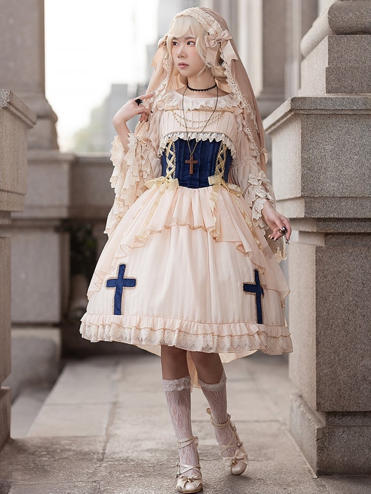 Immortal Song Beige and Dark Blue Ruffle Square Neckline Lace-up Details Jumper Skirt